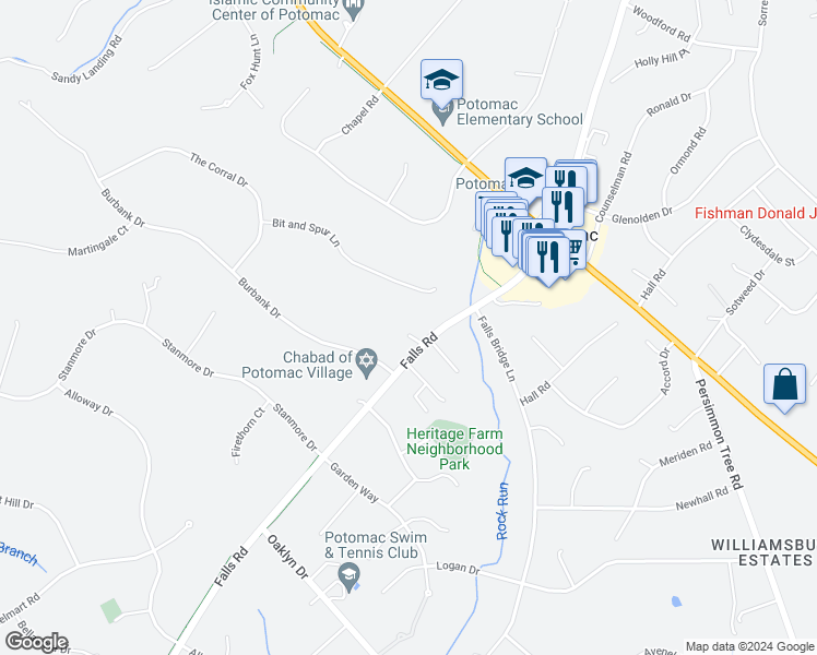 map of restaurants, bars, coffee shops, grocery stores, and more near 9710 Falls Road in Potomac