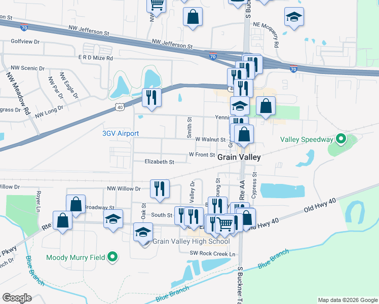 map of restaurants, bars, coffee shops, grocery stores, and more near 401 Front Street in Grain Valley