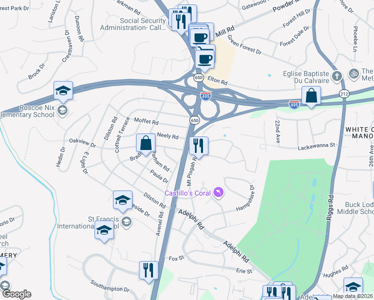 map of restaurants, bars, coffee shops, grocery stores, and more near New Hampshire Ave & Oakview Dr in Silver Spring