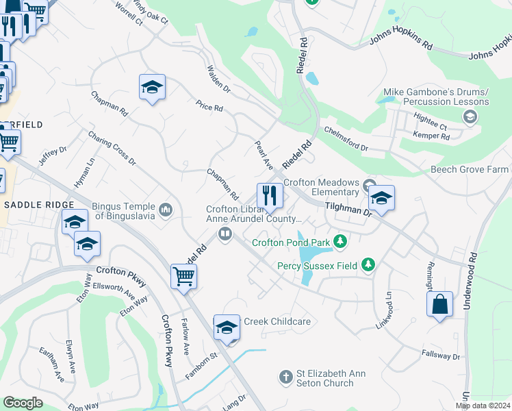 map of restaurants, bars, coffee shops, grocery stores, and more near 1673 Hart Court in Crofton