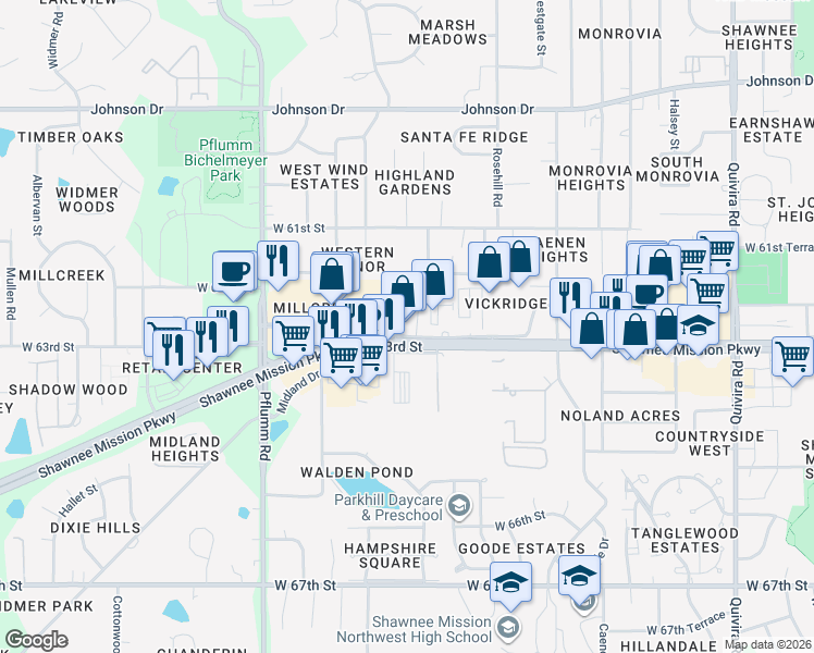 map of restaurants, bars, coffee shops, grocery stores, and more near 13010 West 62nd Terrace in Shawnee