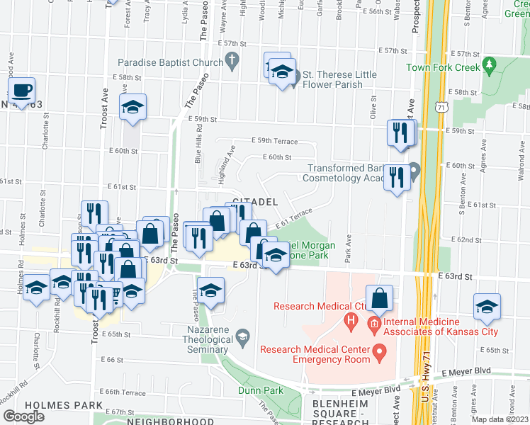map of restaurants, bars, coffee shops, grocery stores, and more near 1770 Citadel Drive in Kansas City