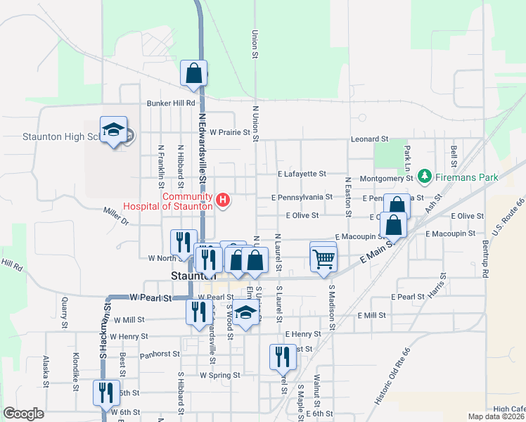 map of restaurants, bars, coffee shops, grocery stores, and more near 104 East Olive Street in Staunton
