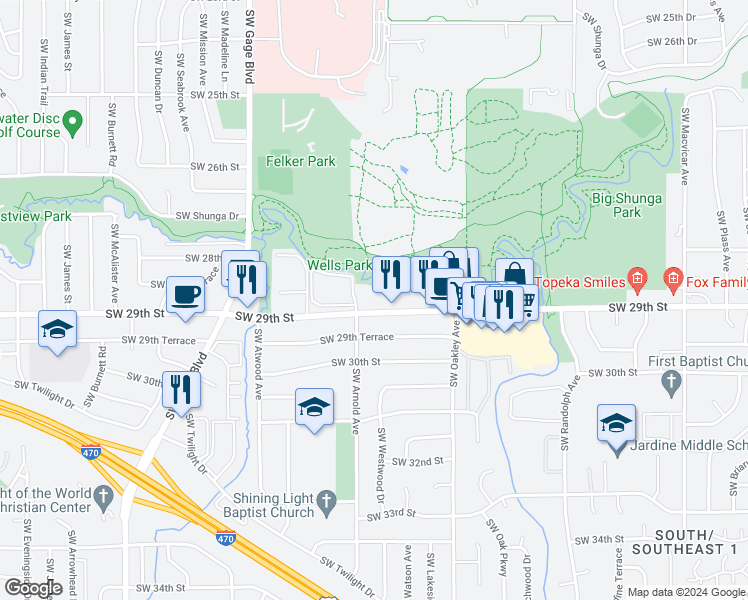 map of restaurants, bars, coffee shops, grocery stores, and more near 3314 Southwest 29th Street in Topeka