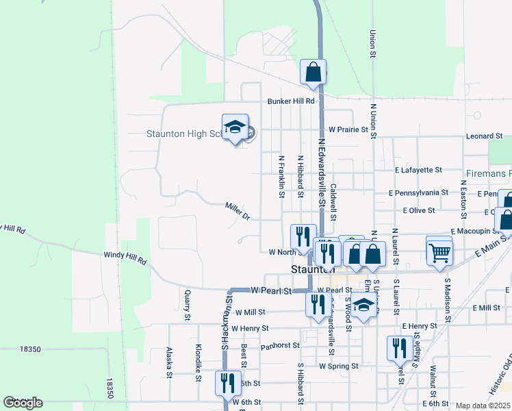 map of restaurants, bars, coffee shops, grocery stores, and more near 401 North Deneen Street in Staunton