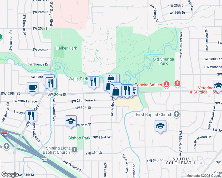 map of restaurants, bars, coffee shops, grocery stores, and more near 3108 Southwest 29th Street in Topeka