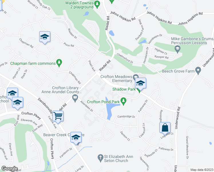 map of restaurants, bars, coffee shops, grocery stores, and more near 1619 Fendall Court in Crofton