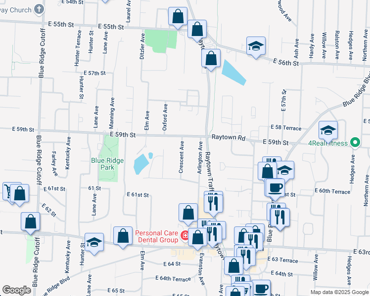 map of restaurants, bars, coffee shops, grocery stores, and more near 5920 Arlington Avenue in Raytown