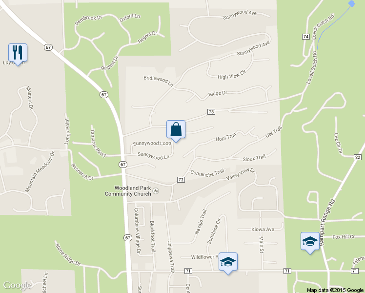 map of restaurants, bars, coffee shops, grocery stores, and more near 420 Hopi Trail in Woodland Park