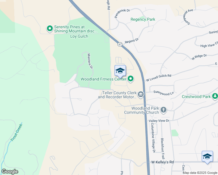 map of restaurants, bars, coffee shops, grocery stores, and more near 1300 Longs Point in Woodland Park