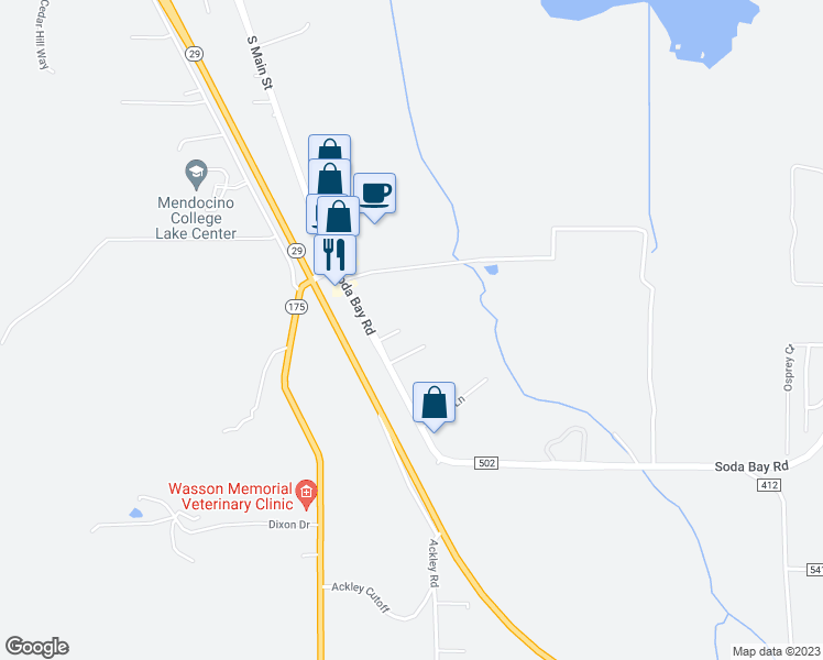 map of restaurants, bars, coffee shops, grocery stores, and more near 52 Soda Bay Road in Lakeport