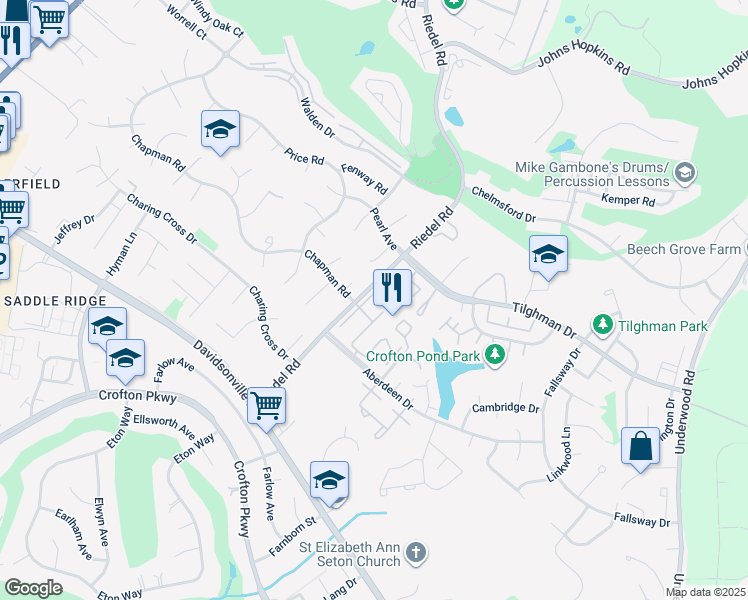 map of restaurants, bars, coffee shops, grocery stores, and more near 1673 Hart Court in Crofton