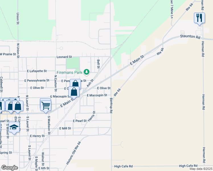 map of restaurants, bars, coffee shops, grocery stores, and more near 1230 East Olive Street in Staunton