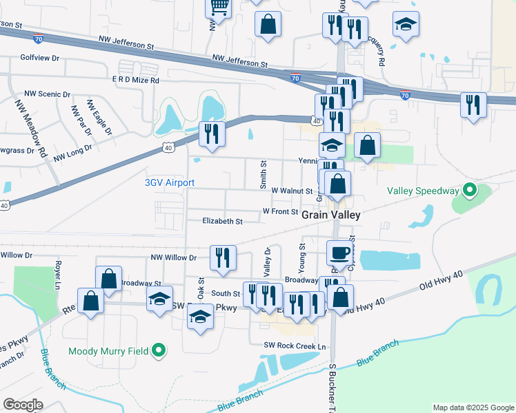 map of restaurants, bars, coffee shops, grocery stores, and more near 401 Front Street in Grain Valley