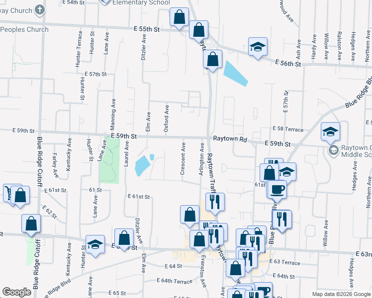 map of restaurants, bars, coffee shops, grocery stores, and more near 5920 Arlington Avenue in Raytown