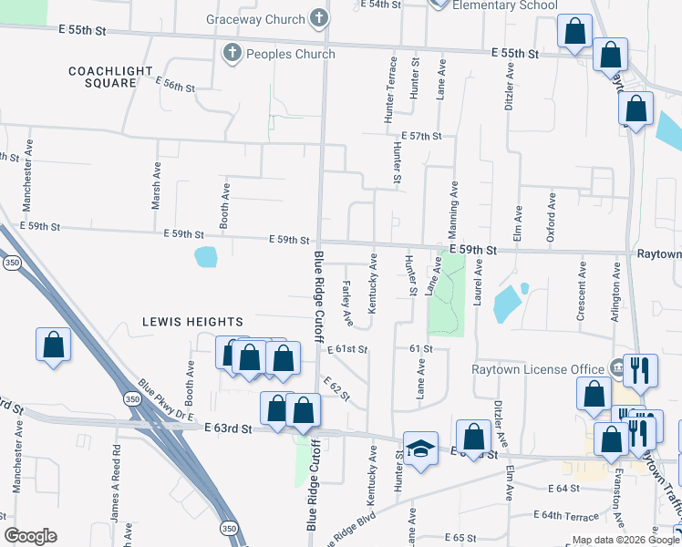 map of restaurants, bars, coffee shops, grocery stores, and more near 6000 Farley Avenue in Raytown