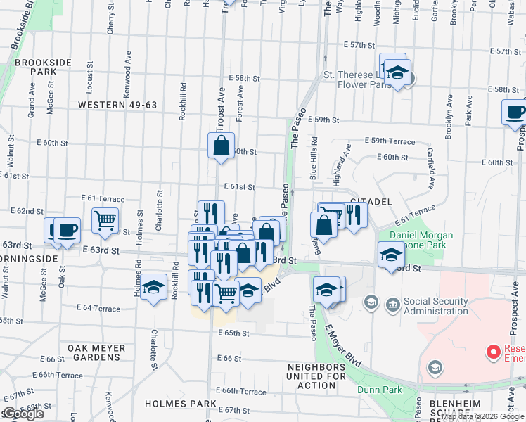map of restaurants, bars, coffee shops, grocery stores, and more near 1300 East 62nd Street in Kansas City