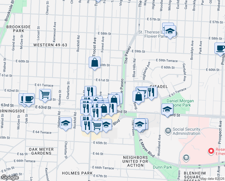 map of restaurants, bars, coffee shops, grocery stores, and more near 1300 East 62nd Street in Kansas City