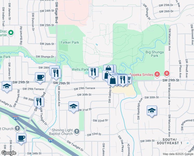 map of restaurants, bars, coffee shops, grocery stores, and more near 3301 Southwest 29th Street in Topeka