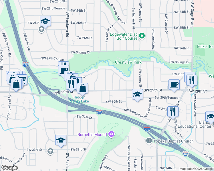 map of restaurants, bars, coffee shops, grocery stores, and more near 2844 Southwest Sunset Road in Topeka