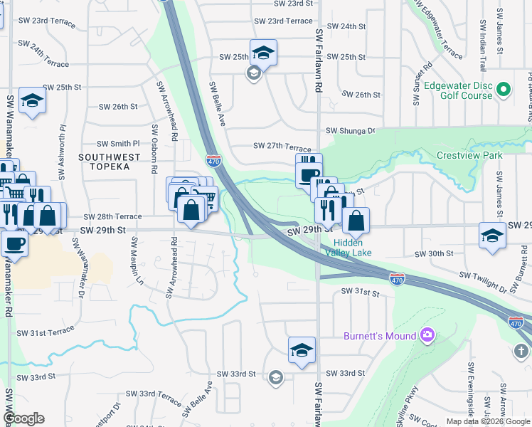map of restaurants, bars, coffee shops, grocery stores, and more near in Topeka