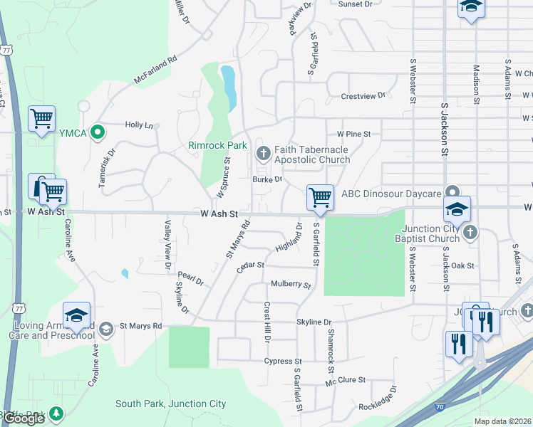 map of restaurants, bars, coffee shops, grocery stores, and more near 1021 West Ash Street in Junction City