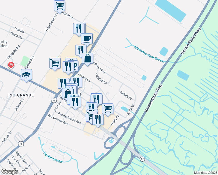 map of restaurants, bars, coffee shops, grocery stores, and more near 9 North 4th Street in Rio Grande
