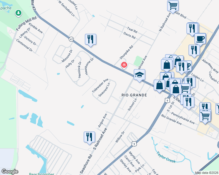 map of restaurants, bars, coffee shops, grocery stores, and more near 203 Tidewater Avenue in Rio Grande