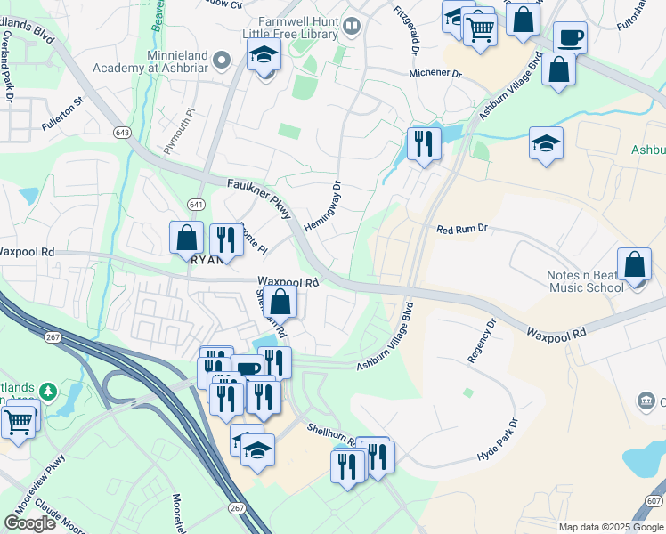 map of restaurants, bars, coffee shops, grocery stores, and more near 21695 Channing Court in Ashburn