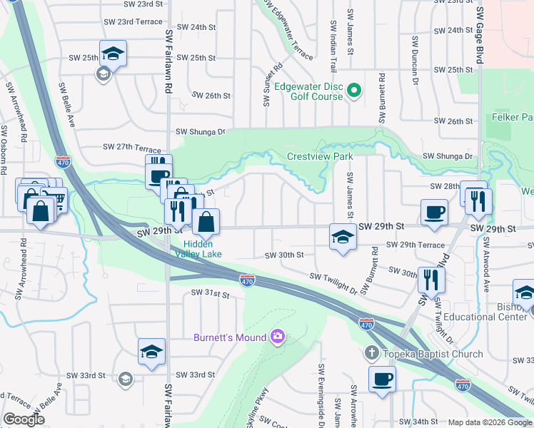 map of restaurants, bars, coffee shops, grocery stores, and more near 2844 Southwest Sunset Road in Topeka