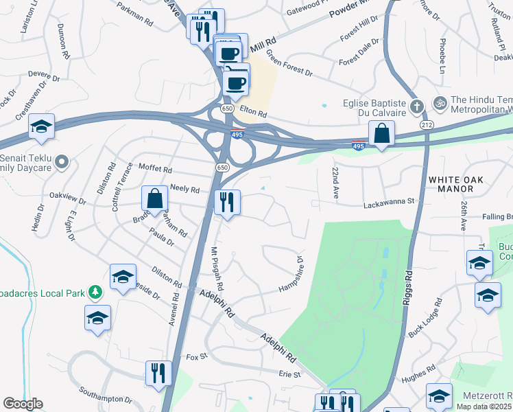 map of restaurants, bars, coffee shops, grocery stores, and more near 1801 Hampshire Green Lane in Silver Spring