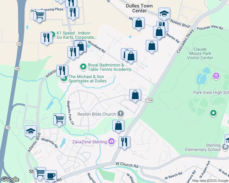map of restaurants, bars, coffee shops, grocery stores, and more near 45706 Winding Branch Terrace in Sterling