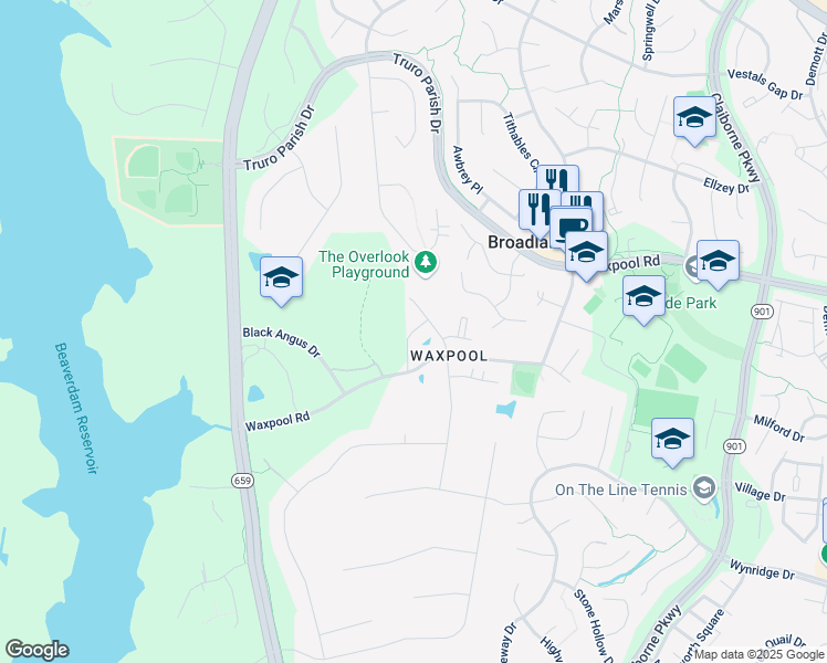map of restaurants, bars, coffee shops, grocery stores, and more near 42713 Ashburn Tillett Drive in Ashburn