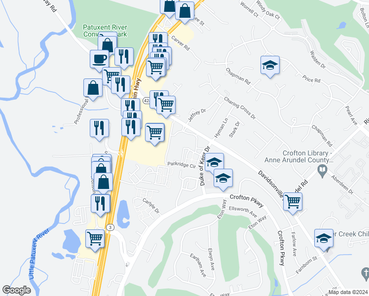 map of restaurants, bars, coffee shops, grocery stores, and more near 1601 Parkridge Circle in Crofton