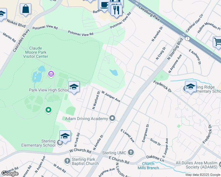 map of restaurants, bars, coffee shops, grocery stores, and more near 21729 Hawksbill High Circle in Sterling