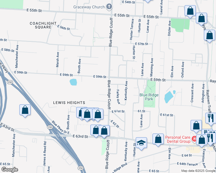 map of restaurants, bars, coffee shops, grocery stores, and more near 5932 Blue Ridge Cutoff in Raytown