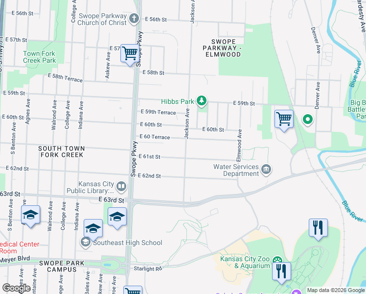 map of restaurants, bars, coffee shops, grocery stores, and more near 3892 East 61st Street in Kansas City