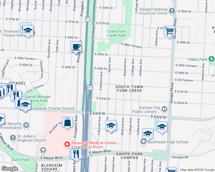 map of restaurants, bars, coffee shops, grocery stores, and more near 6119 Agnes Avenue in Kansas City