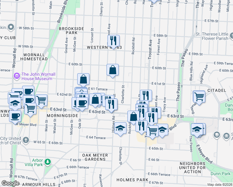 map of restaurants, bars, coffee shops, grocery stores, and more near 6150 Holmes Street in Kansas City