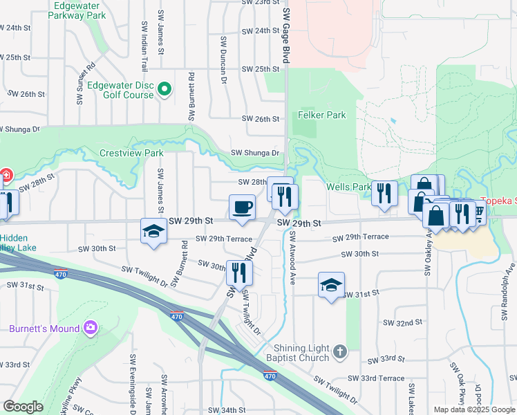map of restaurants, bars, coffee shops, grocery stores, and more near 4000 Southwest 29th Street in Topeka