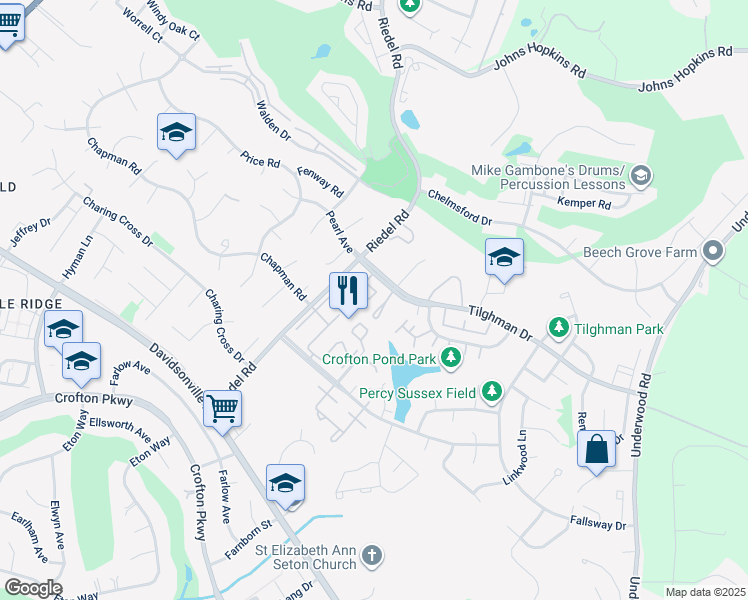 map of restaurants, bars, coffee shops, grocery stores, and more near 2239 Notely Lane in Crofton