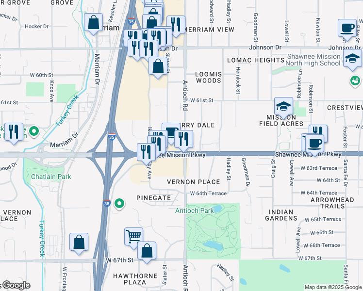 map of restaurants, bars, coffee shops, grocery stores, and more near 8700 Shawnee Mission Parkway in Merriam