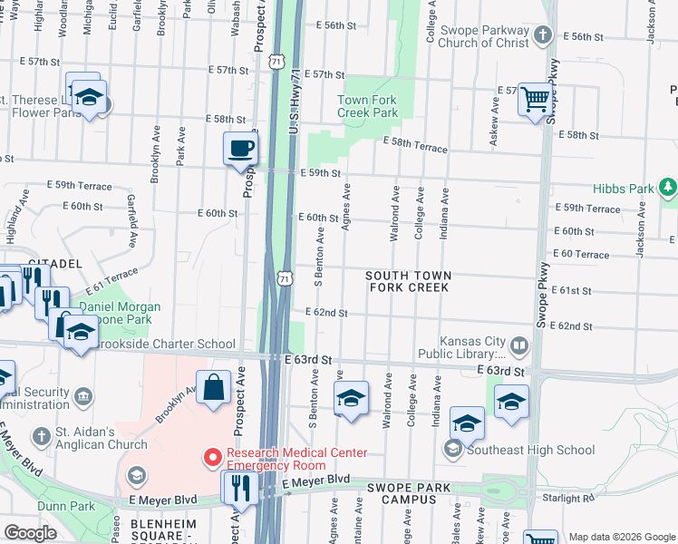 map of restaurants, bars, coffee shops, grocery stores, and more near 6119 Agnes Avenue in Kansas City