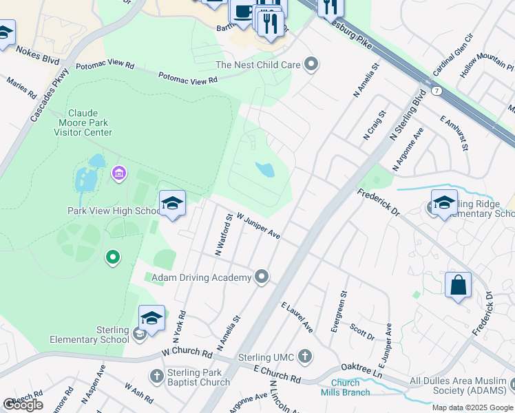 map of restaurants, bars, coffee shops, grocery stores, and more near 21729 Hawksbill High Circle in Sterling