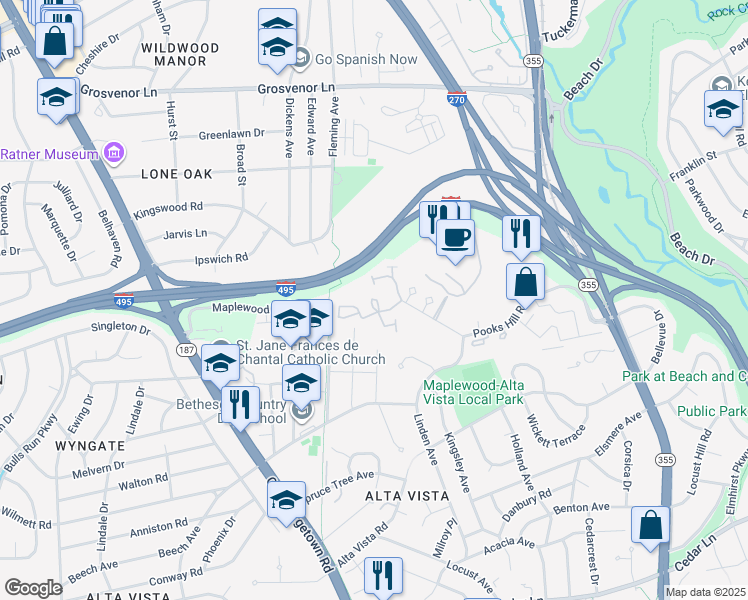 map of restaurants, bars, coffee shops, grocery stores, and more near 5450 Whitley Park Terrace in Bethesda