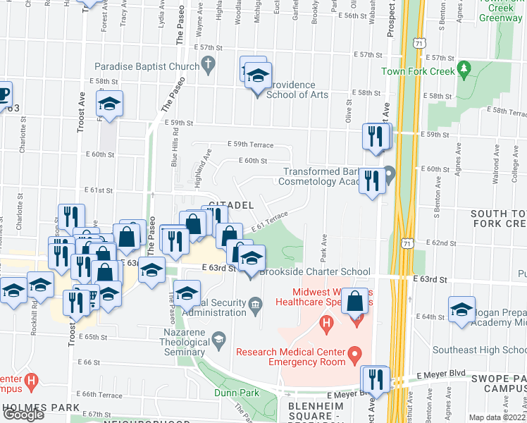 map of restaurants, bars, coffee shops, grocery stores, and more near 6108 Euclid Avenue in Kansas City