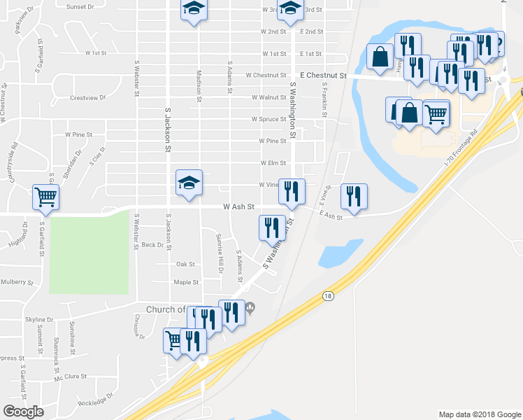 map of restaurants, bars, coffee shops, grocery stores, and more near 930 South Jefferson Street in Junction City