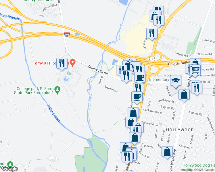 map of restaurants, bars, coffee shops, grocery stores, and more near 4610 Kiernan Road in College Park