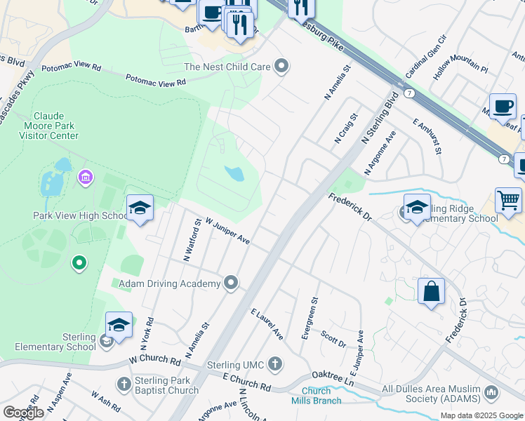 map of restaurants, bars, coffee shops, grocery stores, and more near 1103 North Amelia Street in Sterling