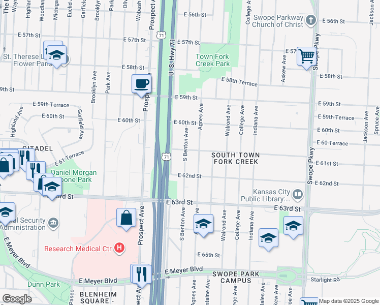 map of restaurants, bars, coffee shops, grocery stores, and more near 6111 South Benton Avenue in Kansas City